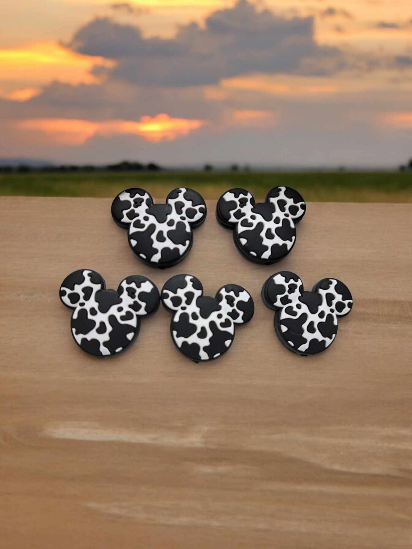 Mickey Head: Black & White Cow Pattern Silicone Focal Bead - 1238