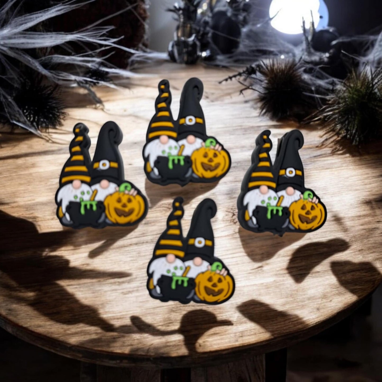 Halloween Gnomes in Witch Hats with Cauldron and Pumpkin Silicone Focal Bead - 1348