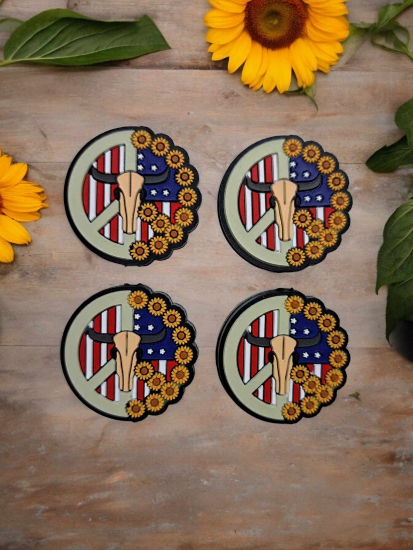 Peace Sign, Bull Skull & Sunflowers with American Flag Silicone Focal Bead - 0906