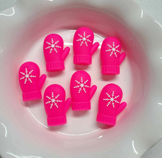 Hot Pink Mitten with Snowflake Silicone Focal Bead - 0548