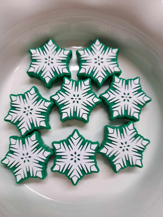 Green & White Large Snowflake Silicone Focal Bead - 0406