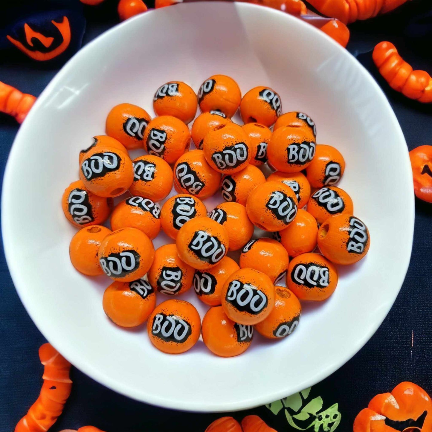 Boo Orange 16mm Wood Printed Beads - 1002