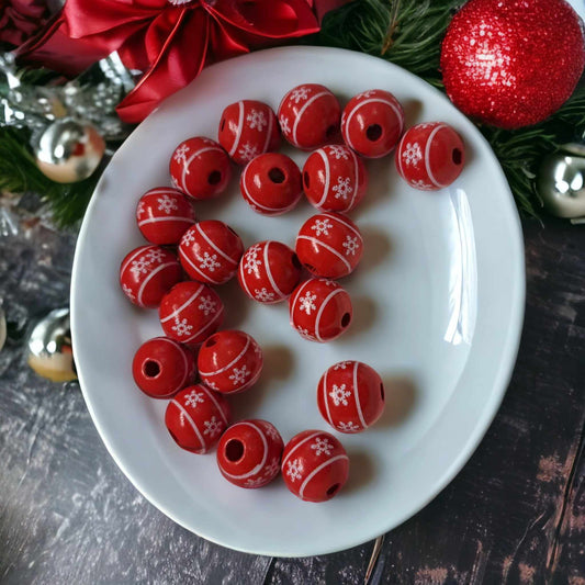 Red with White Snowflake band Christmas 16mm Wood Printed Beads - 1010