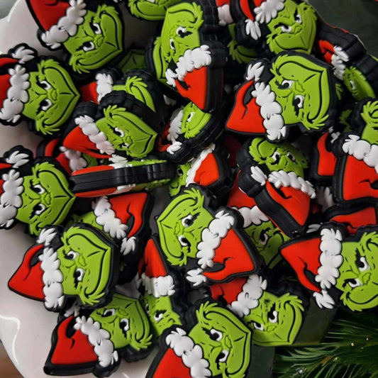 Grinch Head/Mean One with Red Santa Hat Silicone Focal Bead - 0012