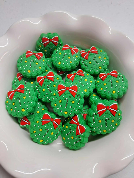 Green Christmas Wreath with Red Bow Silicone Focal Bead - 0024