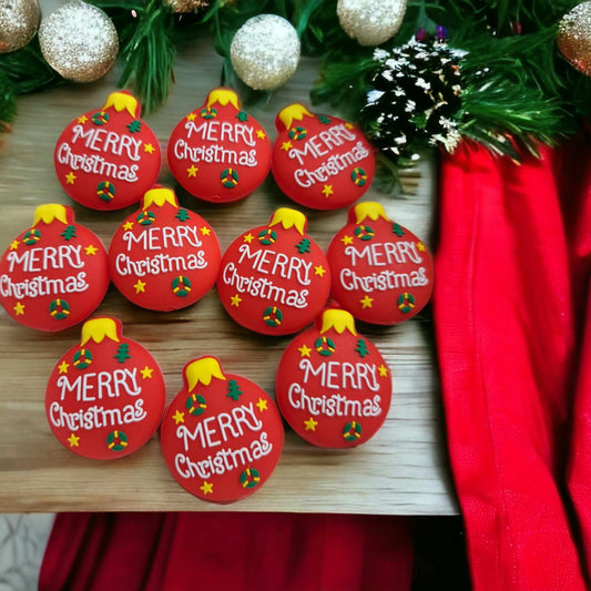 Merry Christmas Red Ornament Silicone Focal Bead - 0085