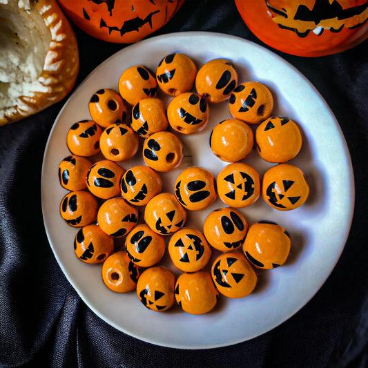 Pumpkin Faces Orange 15mm Wood Printed Beads - 1003