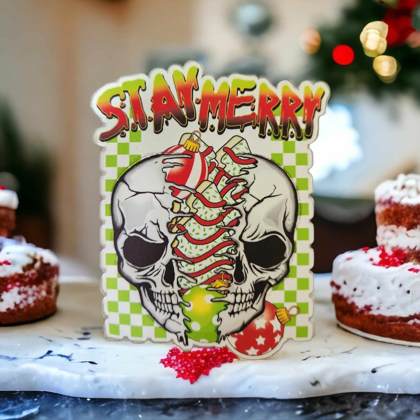 Stay Merry Skull Cakes: Skull with Christmas Ornaments Cardstock Silicone Mold, Aroma Bead Molds, Car Freshener Mold, Premium Cardstock Images