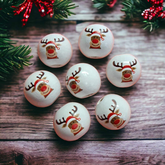 Rudolph Reindeer Face Christmas 15mm Wood Printed Beads - 1024