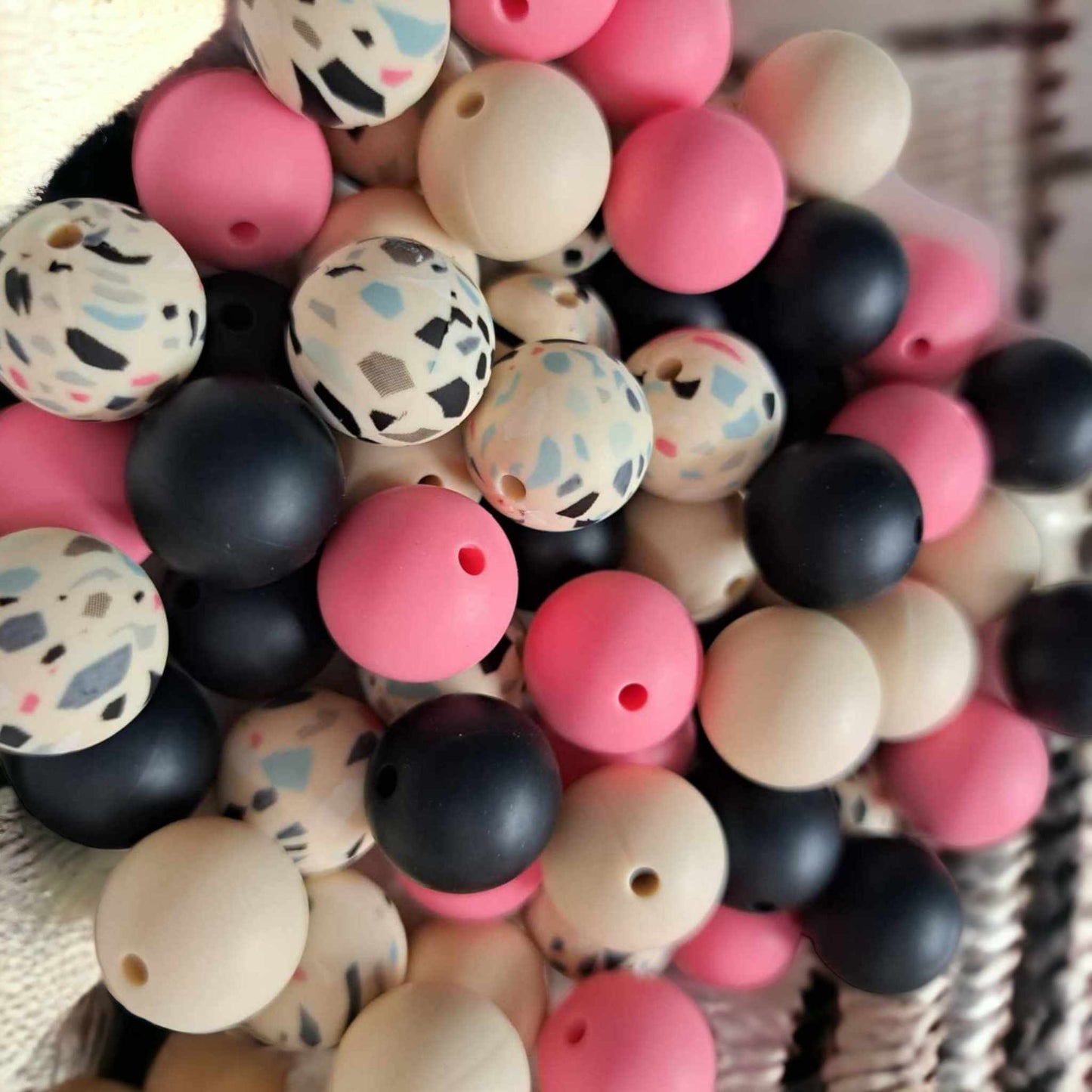 Tan, Pink, Black, and Tan Terrazzo Print Mix (4 Piece Mix) - 15mm Silicone Bubblegum Beads - 1048