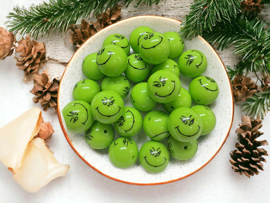 Green Grinch Face 20mm Acrylic Bubblegum Bead - 1055