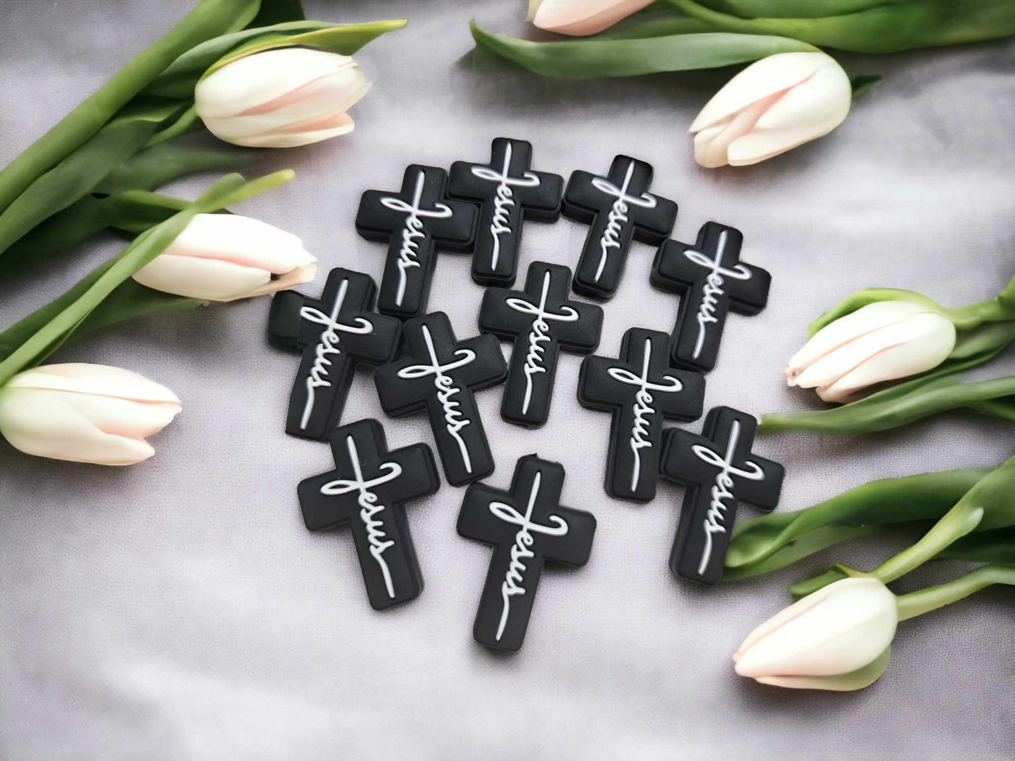 Jesus Cross Silicone Focal Bead--Black