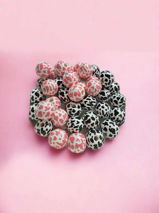 Cow Print: Pink and Black 16mm Wood Printed Beads - 1057