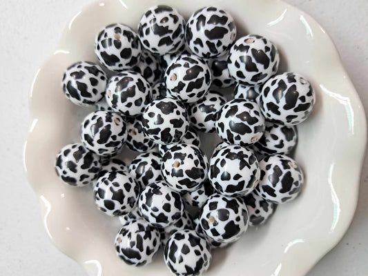 Black Cow Print 20mm Acrylic Bubblegum Bead - 1068