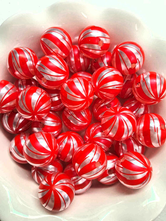 Red/White Stiped 20mm Acrylic Bubblegum Bead - 1067