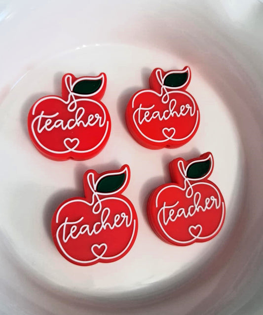 Red Apple with Teacher and Heart Silicone Focal Bead