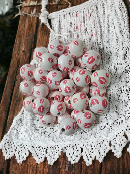 White with Pink Lips 19mm Wood Spacer Printed Beads - 1093