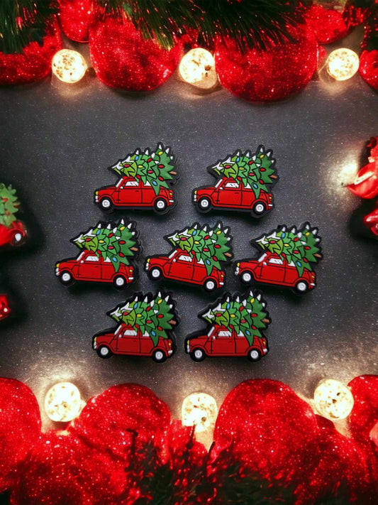 Red Truck with Green Tree with Lights on Top Silicone Focal Bead - 0502