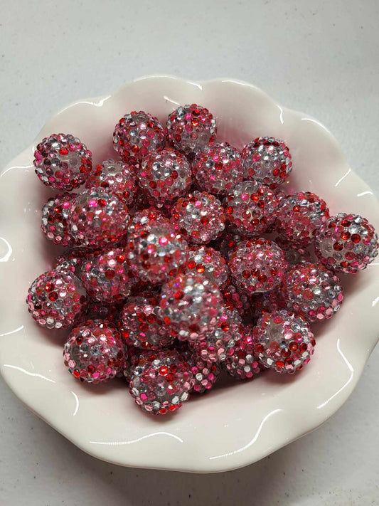 Red, Pink & Silver on Clear 20mm Rhinestone Bubblegum Bead - 1108