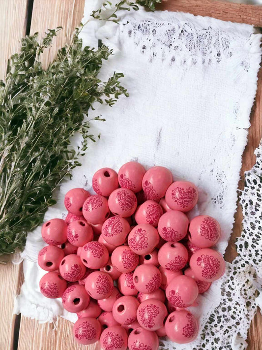 Pink with Red "Happy Valentine's Day" Hearts 16mm Wood Spacer Printed Beads - 1092