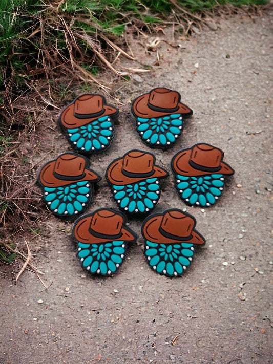 Turquoise Gem with Brown Cowboy Hat on Top Western: Style 1 Silicone Focal Bead - 0690