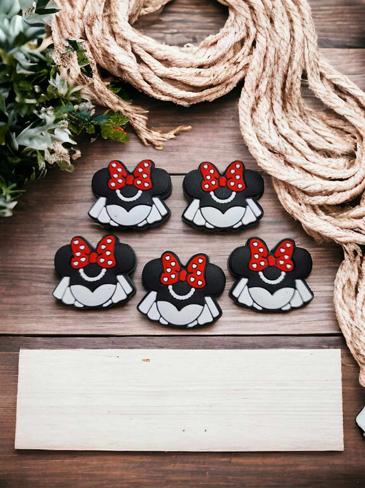 Minnie Bride Ears with Veil and Red/White Hair Bow Silicone Focal Bead - 0661