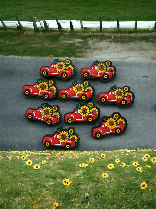 Red Farm Truck with Sunflowers in Back Silicone Focal Bead - 0696