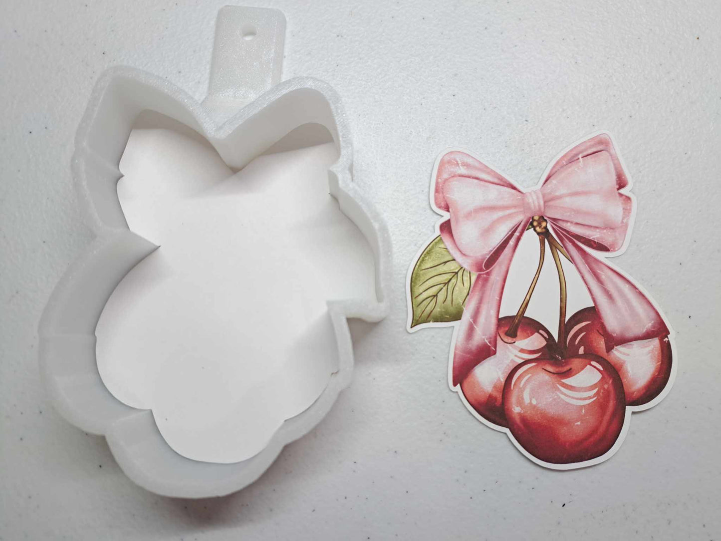 Pink Bow and Cherries Distressed Cardstock Silicone Mold, Aroma Bead Molds, Car Freshener Mold, Premium Cardstock