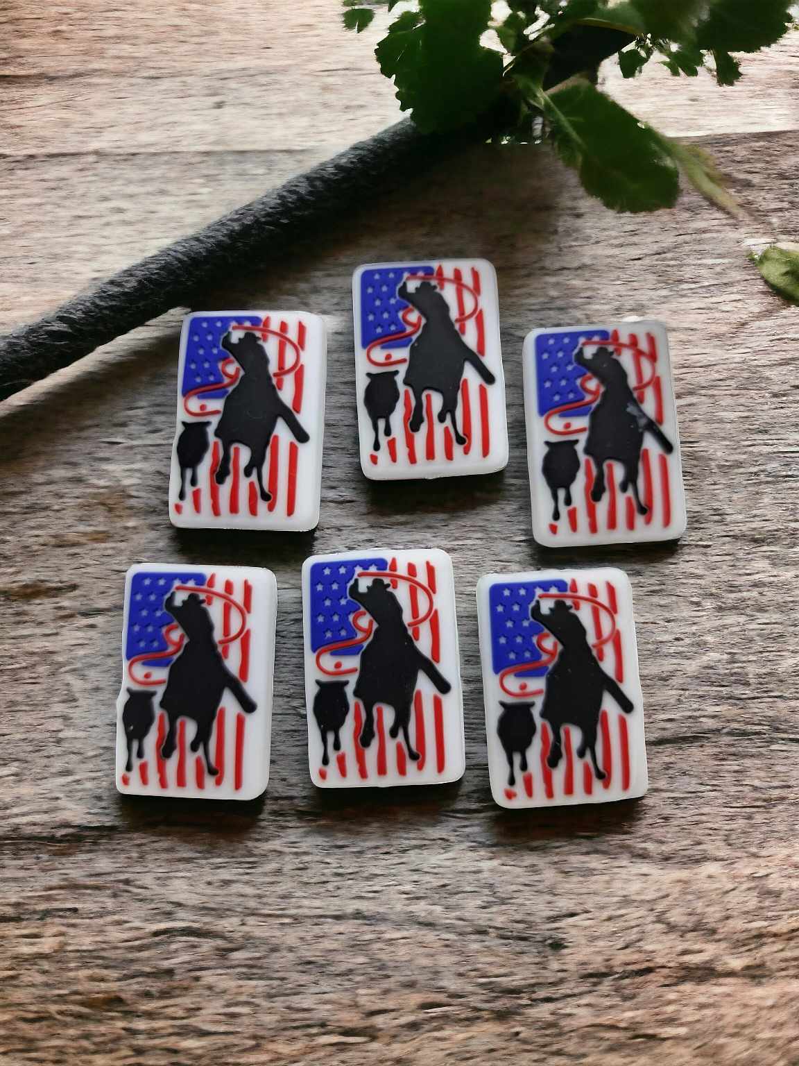 Cowboy on Horse in Rodeo with USA Flag Rectangle Silicone Focal Bead - 0713