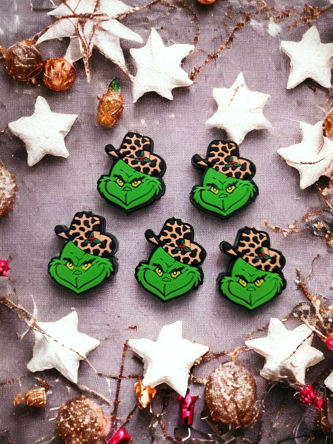 Grinch Head with Leopard Print Cowboy Hat Silicone Focal Bead - 0768