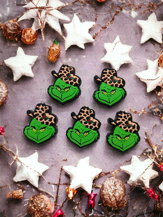 Grinch Head with Leopard Print Cowboy Hat Silicone Focal Bead - 0768