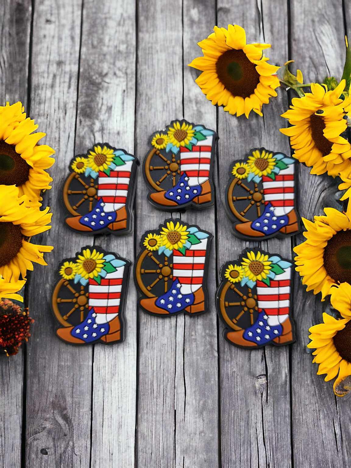 Cowboy Boot, Wagon Wheel & Sunflowers with American Flag Silicone Focal Bead - 0903