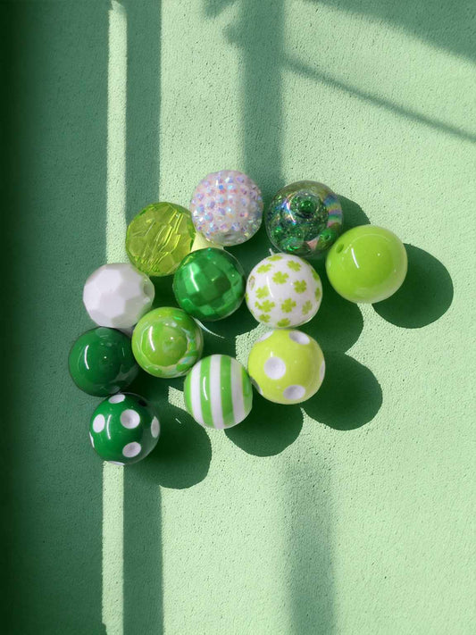 Green/Shamrock Mix - 20mm Acrylic/Rhinestone Bubblegum Beads