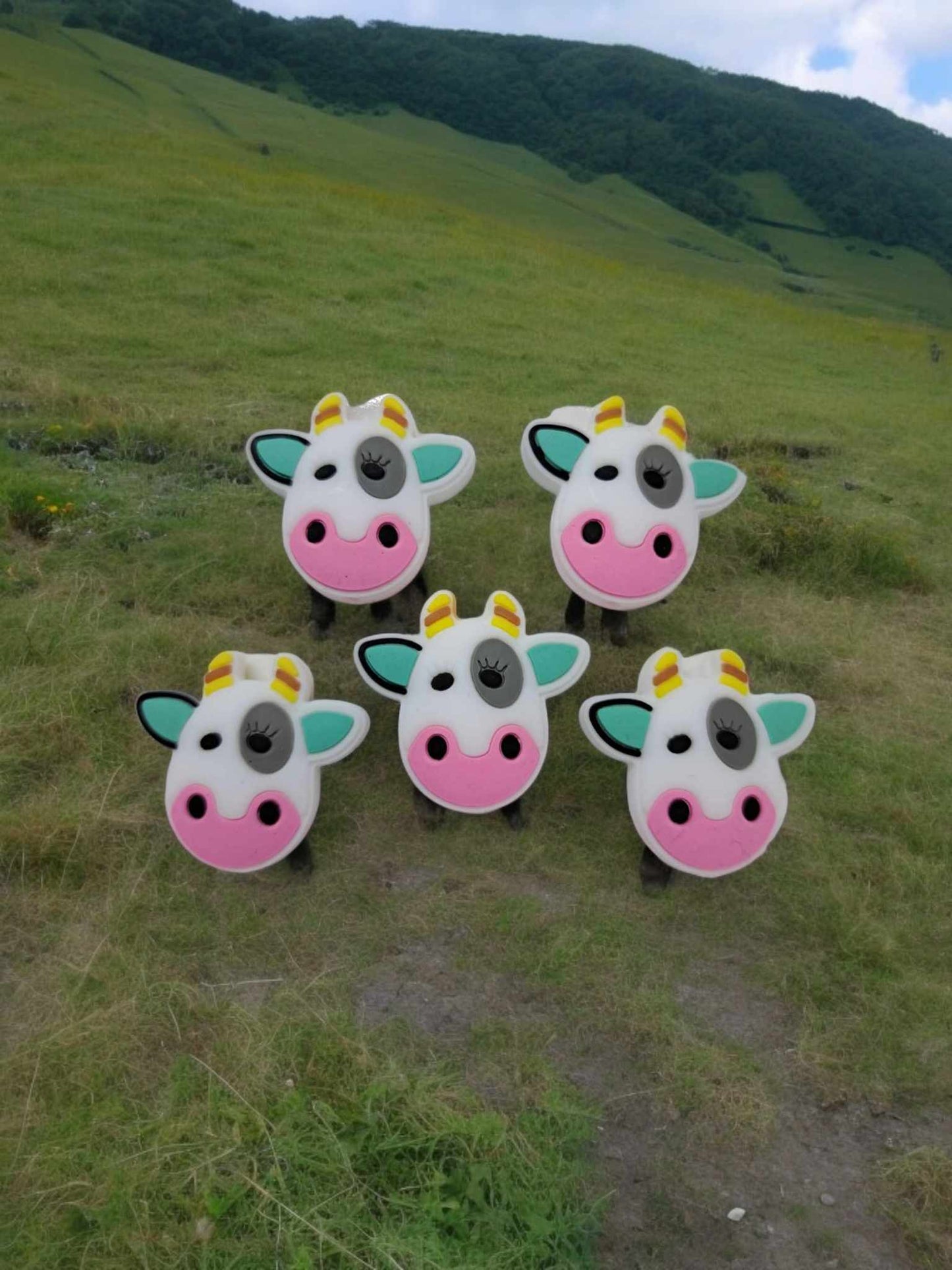 Cute Cow Head with Pink and Blue Ears Silicone Focal Bead - 0786