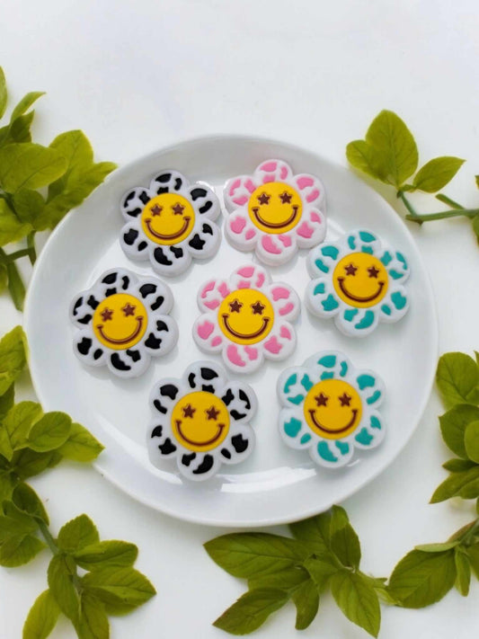 Flower Smiley Face with Cow Print Silicone Focal Bead - 1327