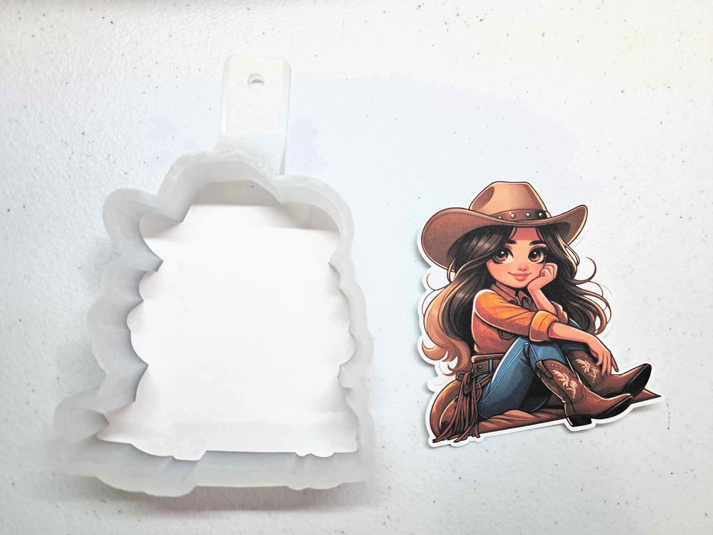 Brunette Cowgirl Sitting Cardstock Silicone Mold, Aroma Bead Molds, Car Freshener Mold, Premium Cardstock Images