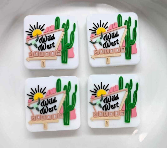 Wild West Saloon Sign with Cactus and Sun: White square Silicone Focal Bead - 1319