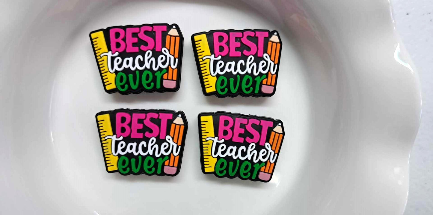 Best Teacher Ever: Ruler and Pencil on Black Silicone Focal Bead - 1300