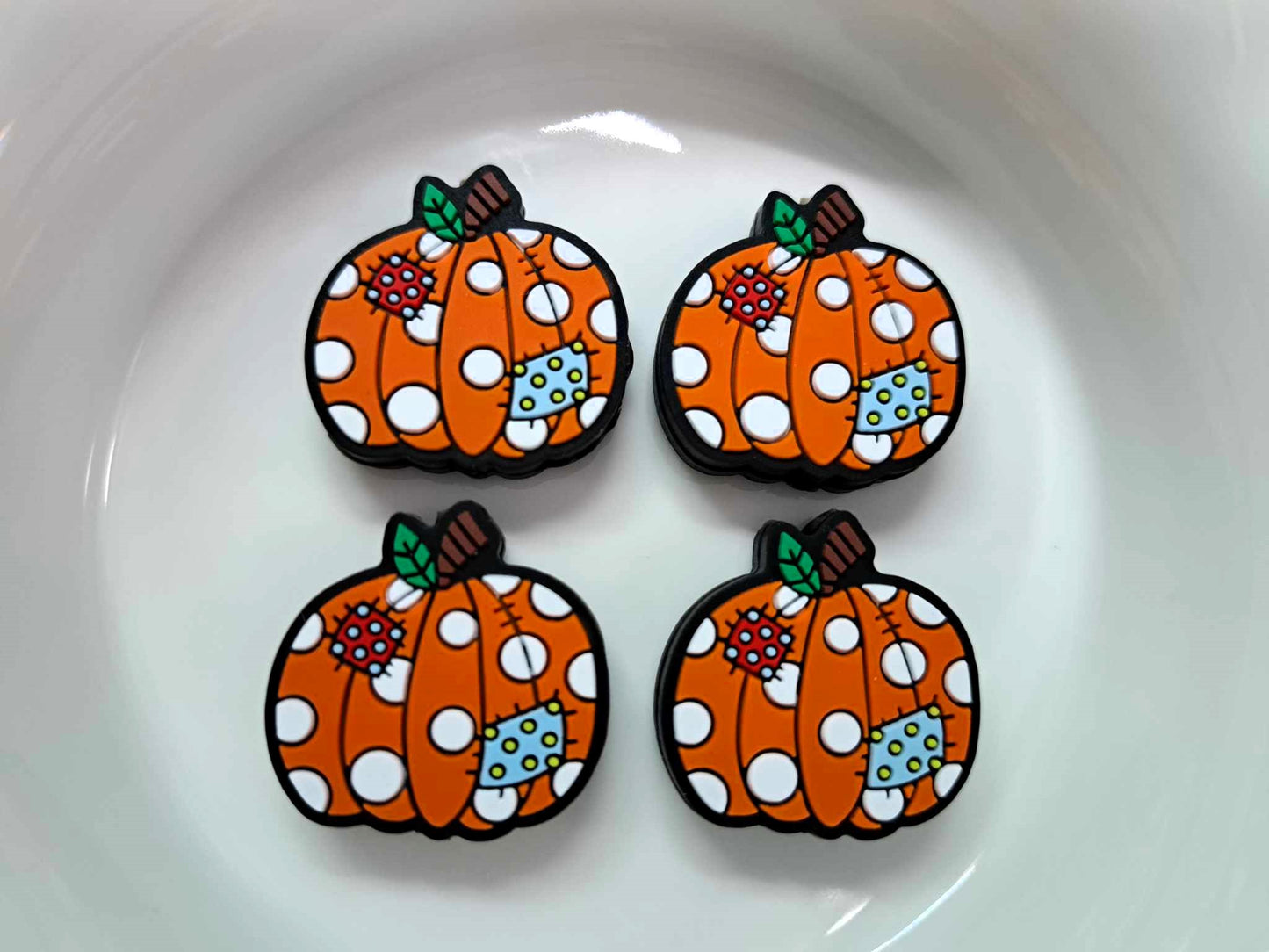 Pumpkin: Orange with White Polka Dots and Patches Silicone Focal Bead