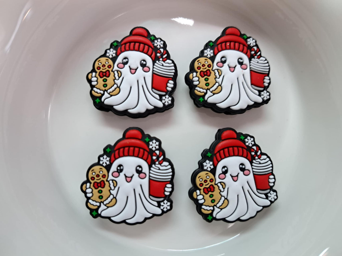 Christmas Ghost: Red Hat with Drink and Gingerbread Man Cookie Silicone Focal Bead