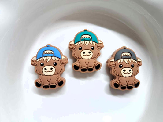 Boy Highland Cow with Colored Backwards Hat Full Body Silicone Focal Bead - 1237