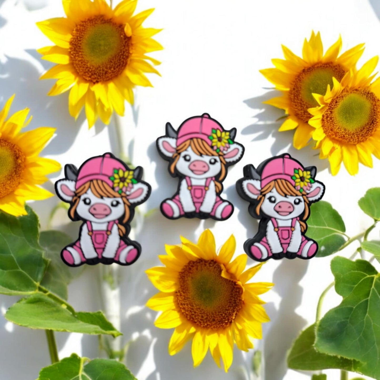 White Girl Highland Cow: Pink Hat/Overalls with Sunflower in Hair Sitting Silicone Focal Bead - 1358