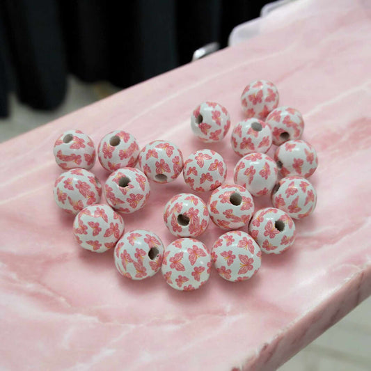 White with Pink Butterflies 16mm Wood Spacer Printed Beads