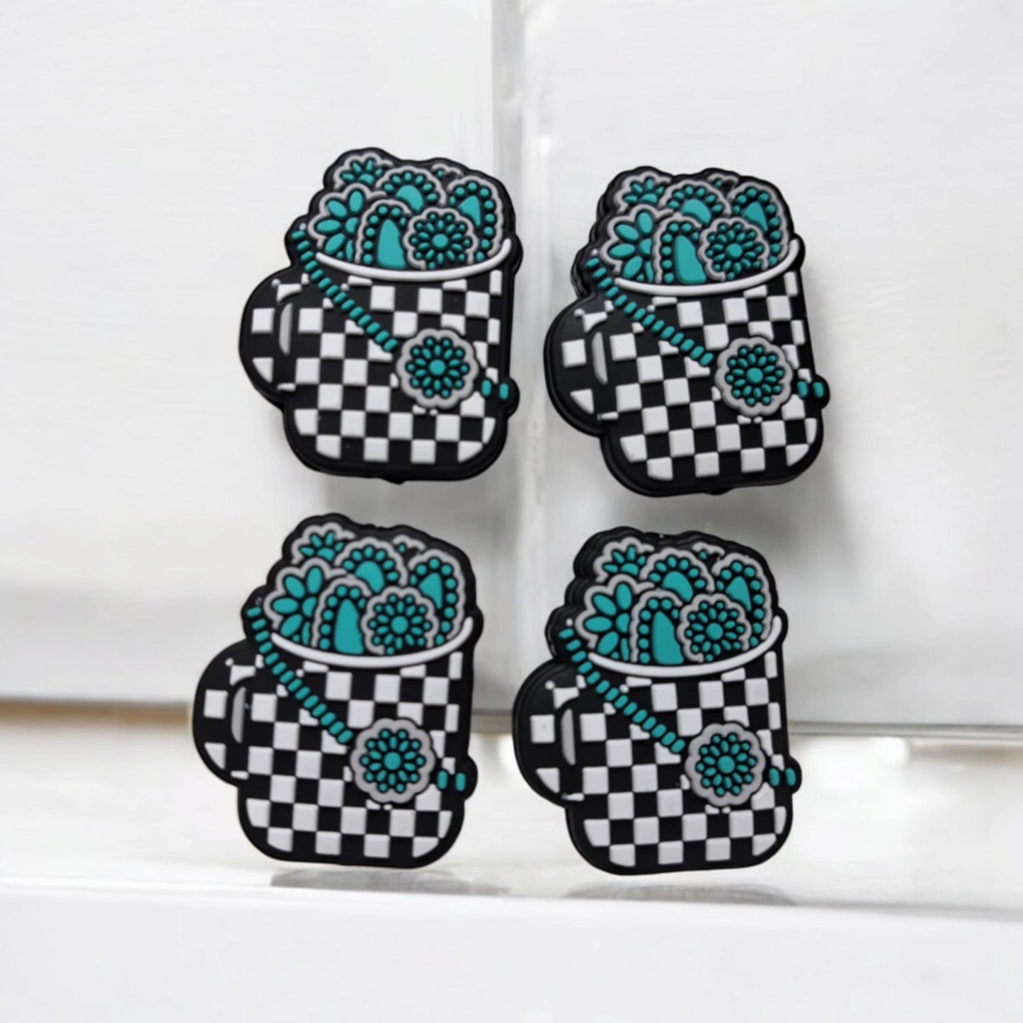 White & Black Checkered Cup With Turquoise Gems Silicone Focal Bead