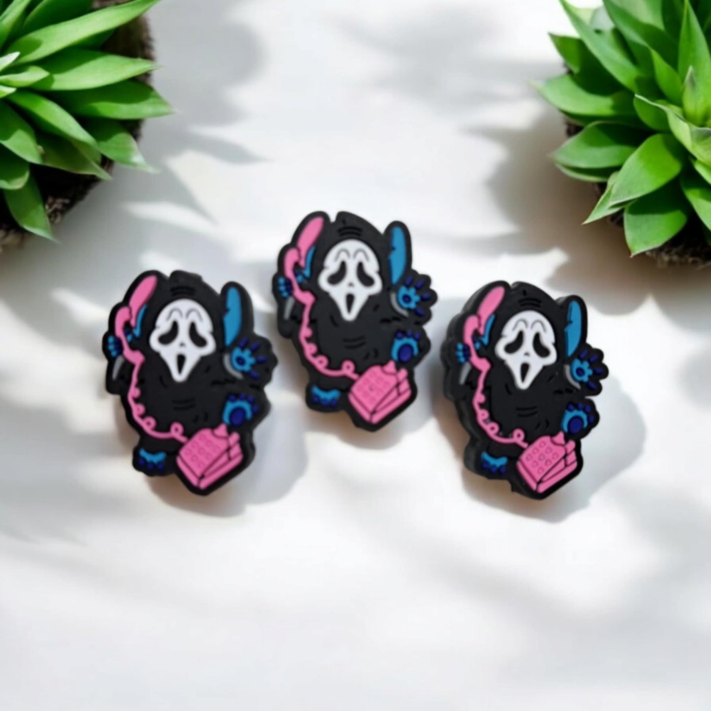 Stitch/Blue Alien in Ghostface Costume /White Mask on Pink Telephone: Full Body Silicone Focal Bead - 1345