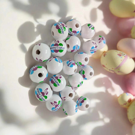 Happy Easter: Easter Eggs with Bunny Ears 16mm Wood Spacer Printed Beads