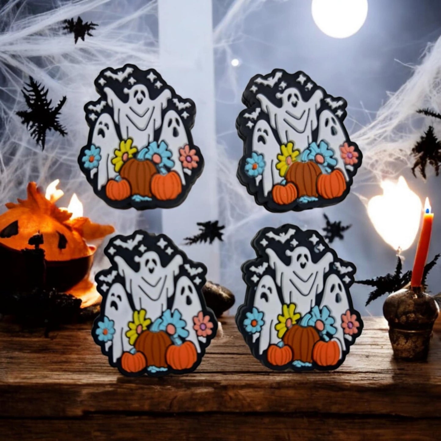 Ghosts with Pumpkins, Flowers & Bats Silicone Focal Bead - 1341