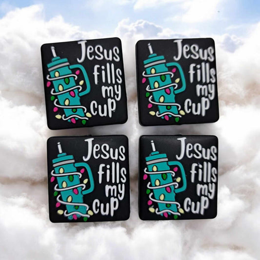 Jesus Fills My Cup: Blue Tumbler With Christmas Lights Silicone Focal Bead