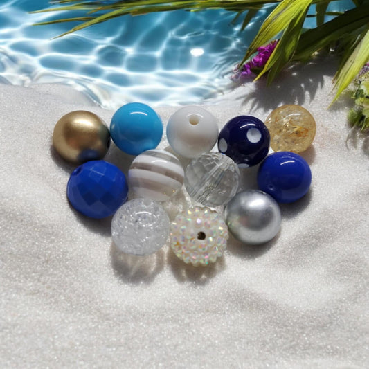 Blue, White, Silver & Gold Mix - 20mm Acrylic/Rhinestone Bubblegum Beads