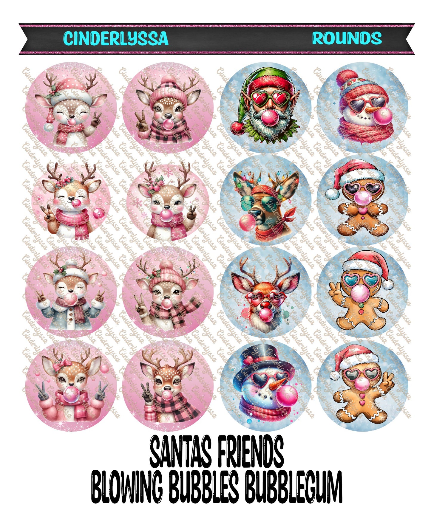 3.75 inch Round: Santas Friends Blowing Bubbles Bubblegum for Cardstock Silicone Mold, for Aroma Bead Molds, Car Freshener, Premium Cardstock Images